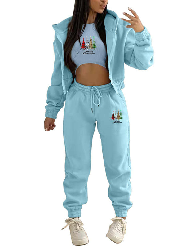 Xmas Outfit- Sporty Holiday 3-Piece Outfit Sweatpants, Hoodie, and Crop Tank- - Pekosa Women Clothing