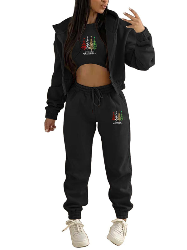 Xmas Outfit- Sporty Holiday 3-Piece Outfit Sweatpants, Hoodie, and Crop Tank- - Pekosa Women Clothing