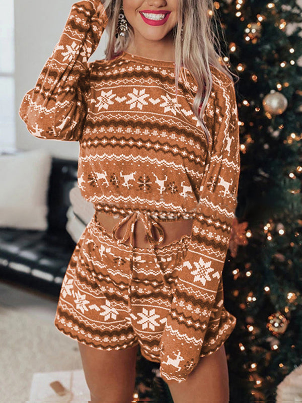 Xmas Outfits- Xmas & Thanksgiving Crop Reindeer Pullover and Shorts Set- Brown- Pekosa Women Clothing