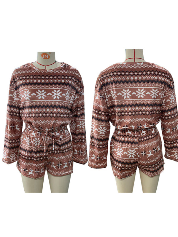 Xmas Outfits- Xmas & Thanksgiving Crop Reindeer Pullover and Shorts Set- - Pekosa Women Clothing