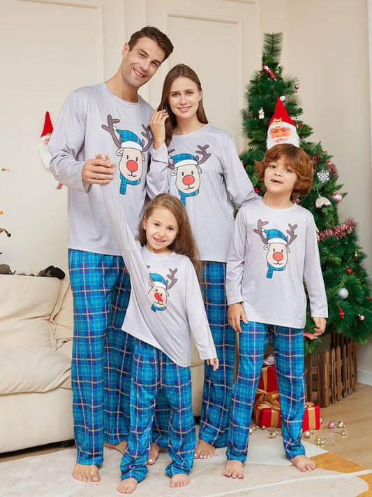 Xmas Pajamas- Cotton Reindeer Elk Plaid Pajamas for the Whole Family on Thanksgiving- Blue- Pekosa Women Clothing
