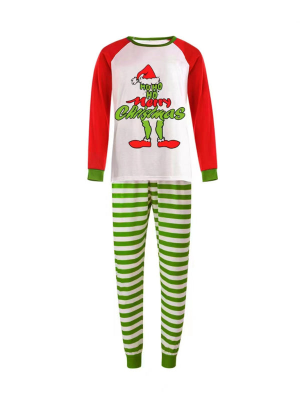 Xmas Pajamas- Dad's Grinch Cotton Pajama Set with Pants and Long Sleeve Tee- Green- Pekosa Women Clothing