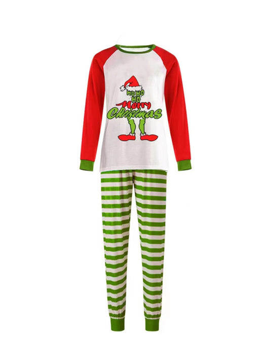 Xmas Pajamas- Mom's Holiday Grinch Cotton Pajama Set Long Sleeve Tee and Pants- Green- Pekosa Women Clothing