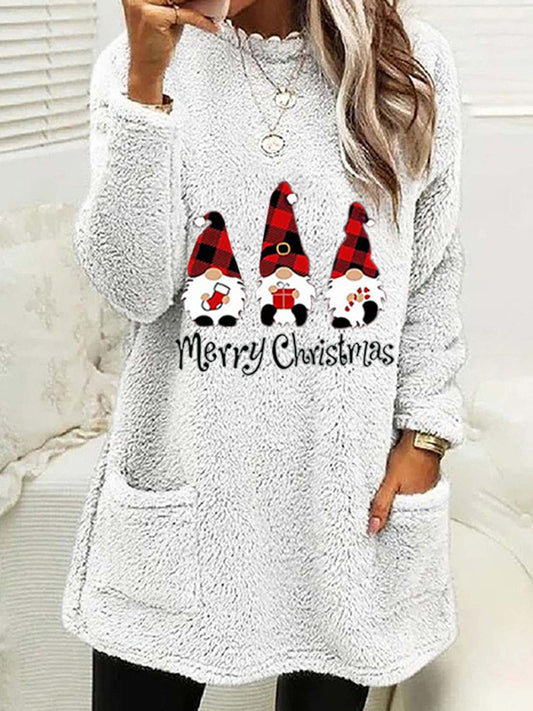 Xmas Pullover- Mid-Length Christmas - Fluffy Plush Pullover for Thanksgiving- White- Pekosa Women Clothing