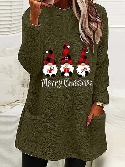 Xmas Pullover- Mid-Length Christmas - Fluffy Plush Pullover for Thanksgiving- Olive green- Pekosa Women Clothing