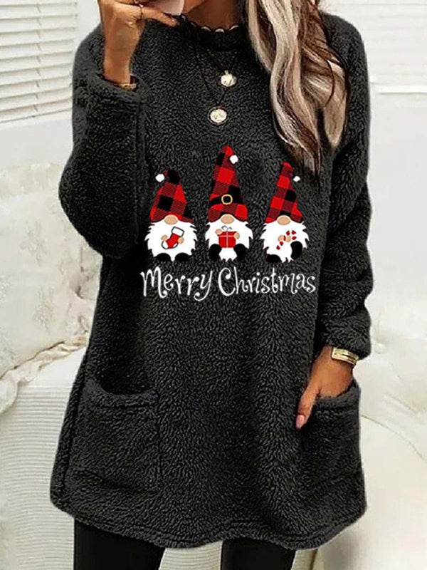 Xmas Pullover- Mid-Length Christmas - Fluffy Plush Pullover for Thanksgiving- Black- Pekosa Women Clothing