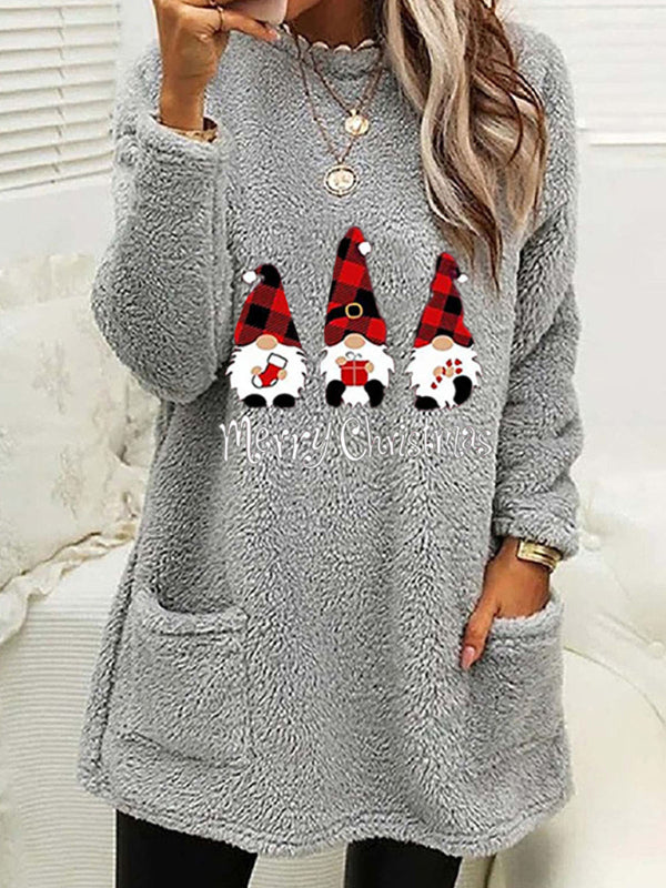 Xmas Pullover- Mid-Length Christmas - Fluffy Plush Pullover for Thanksgiving- Grey- Pekosa Women Clothing