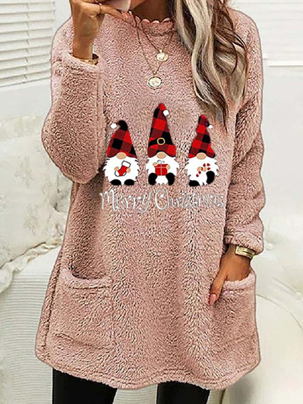 Xmas Pullover- Mid-Length Christmas - Fluffy Plush Pullover for Thanksgiving- Pink- Pekosa Women Clothing