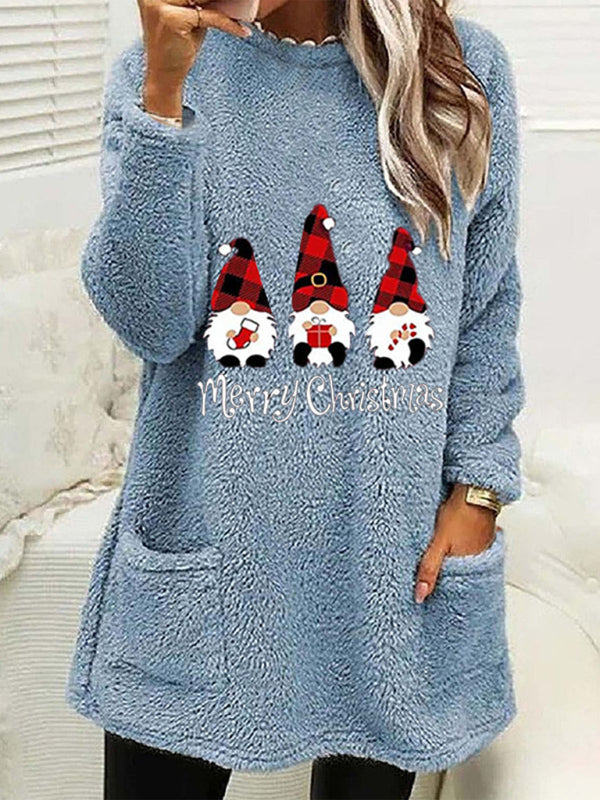 Xmas Pullover- Mid-Length Christmas - Fluffy Plush Pullover for Thanksgiving- Clear blue- Pekosa Women Clothing