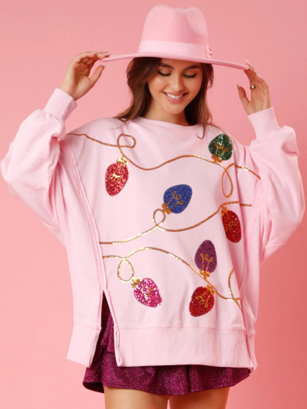 Xmas Sweatshirt- Holiday Sparkly Lights Drop Shoulder Sweatshirt- Pink- Pekosa Women Clothing