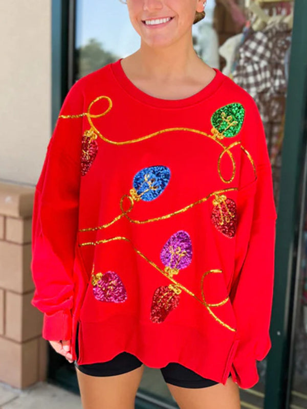 Xmas Sweatshirt- Holiday Sparkly Lights Drop Shoulder Sweatshirt- Red- Pekosa Women Clothing