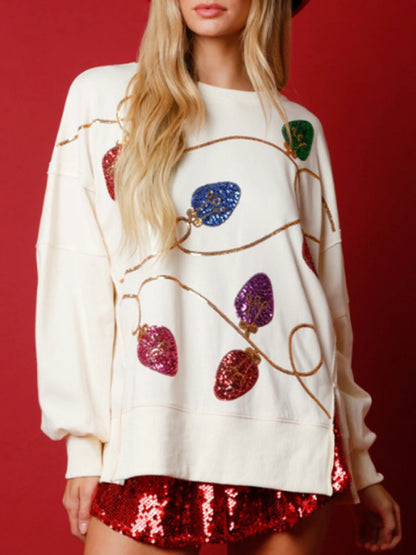 Xmas Sweatshirt- Holiday Sparkly Lights Drop Shoulder Sweatshirt- White- Pekosa Women Clothing