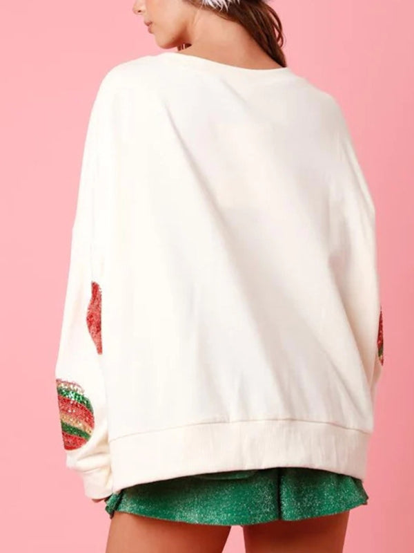 Xmas Sweatshirts- Celebration Embroidered Sequin Patchwork Sweatshirt for Christmas & Thanksgiving- - Pekosa Women Clothing