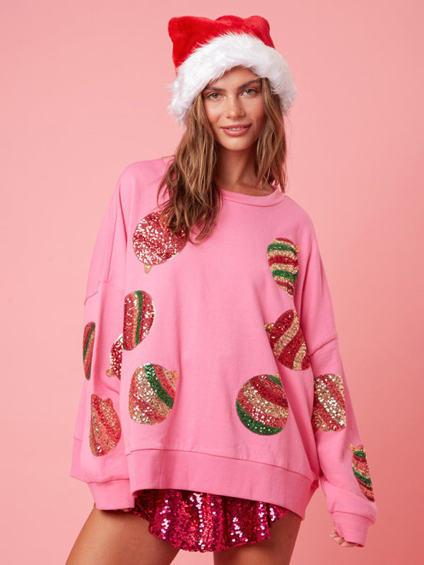 Xmas Sweatshirts- Celebration Embroidered Sequin Patchwork Sweatshirt for Christmas & Thanksgiving- - Pekosa Women Clothing