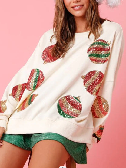 Xmas Sweatshirts- Celebration Embroidered Sequin Patchwork Sweatshirt for Christmas & Thanksgiving- - Pekosa Women Clothing