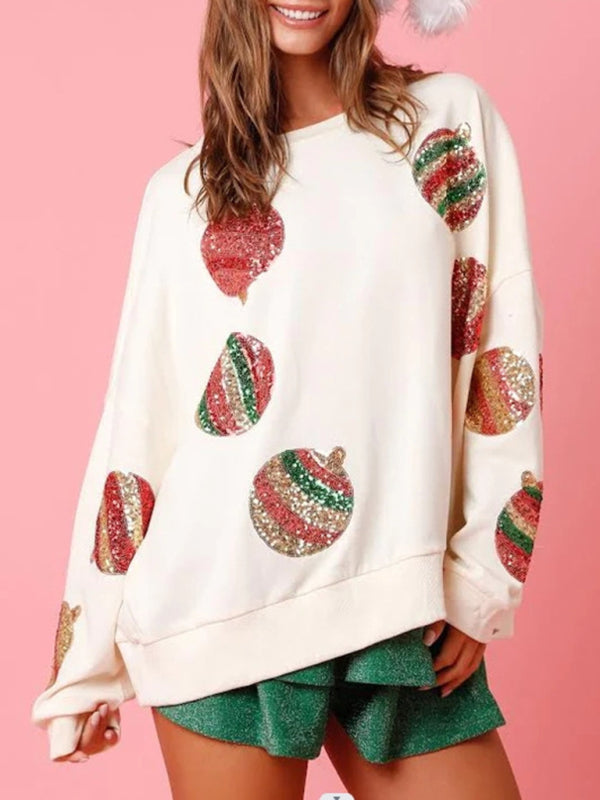 Xmas Sweatshirts- Celebration Embroidered Sequin Patchwork Sweatshirt for Christmas & Thanksgiving- White- Pekosa Women Clothing