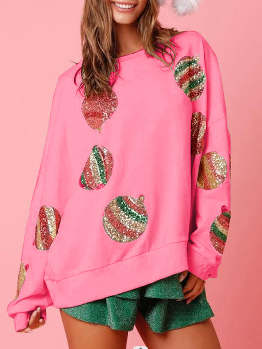 Xmas Sweatshirts- Celebration Embroidered Sequin Patchwork Sweatshirt for Christmas & Thanksgiving- Pink- Pekosa Women Clothing