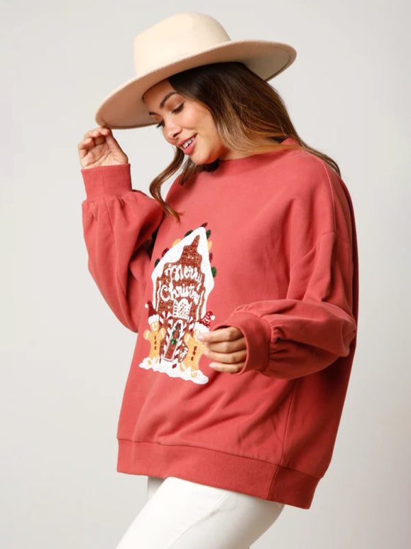 Xmas Sweatshirts- Holiday Sparkle: Oversized Sequin Pullover for Xmas- - Pekosa Women Clothing