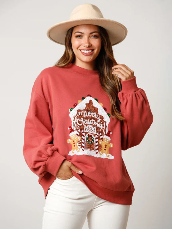 Xmas Sweatshirts- Holiday Sparkle: Oversized Sequin Pullover for Xmas- Red- Pekosa Women Clothing