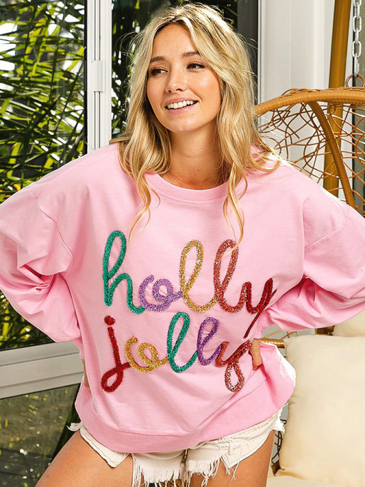 Xmas Sweatshirts- Holly Jolly Oversized Sweatshirt for Thanksgiving & Christmas- Pink- Pekosa Women Clothing