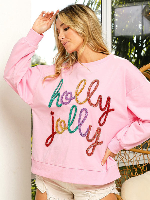 Xmas Sweatshirts- Holly Jolly Oversized Sweatshirt for Thanksgiving & Christmas- - Pekosa Women Clothing