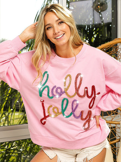 Xmas Sweatshirts- Holly Jolly Oversized Sweatshirt for Thanksgiving & Christmas- - Pekosa Women Clothing