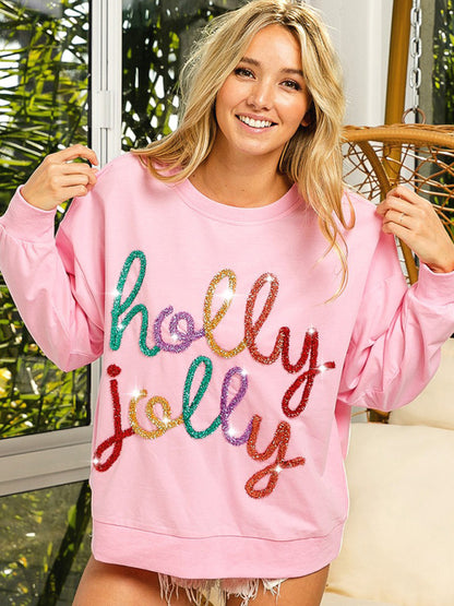 Xmas Sweatshirts- Holly Jolly Oversized Sweatshirt for Thanksgiving & Christmas- - Pekosa Women Clothing