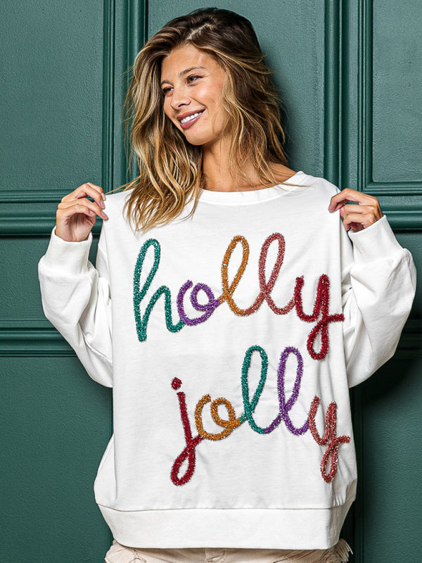 Xmas Sweatshirts- Holly Jolly Oversized Sweatshirt for Thanksgiving & Christmas- White- Pekosa Women Clothing