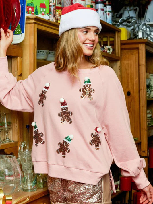 Xmas Sweatshirts- Relax Fit Sequin Christmas Sweatshirt - Xmas Pullover- Pink- Pekosa Women Clothing
