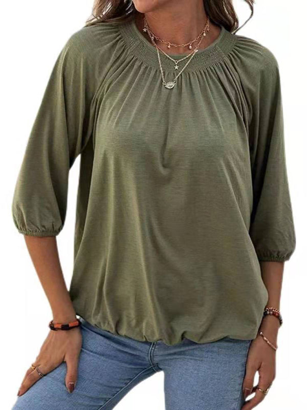 T-Shirts- Smocked Accent Top | Cotton Blend Crew Neck Tee with 3/4 Sleeves- Olive green- Pekosa Women Clothing