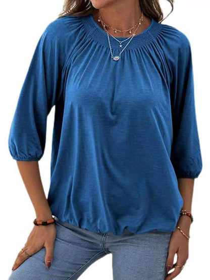 T-Shirts- Smocked Accent Top | Cotton Blend Crew Neck Tee with 3/4 Sleeves- - Pekosa Women Clothing