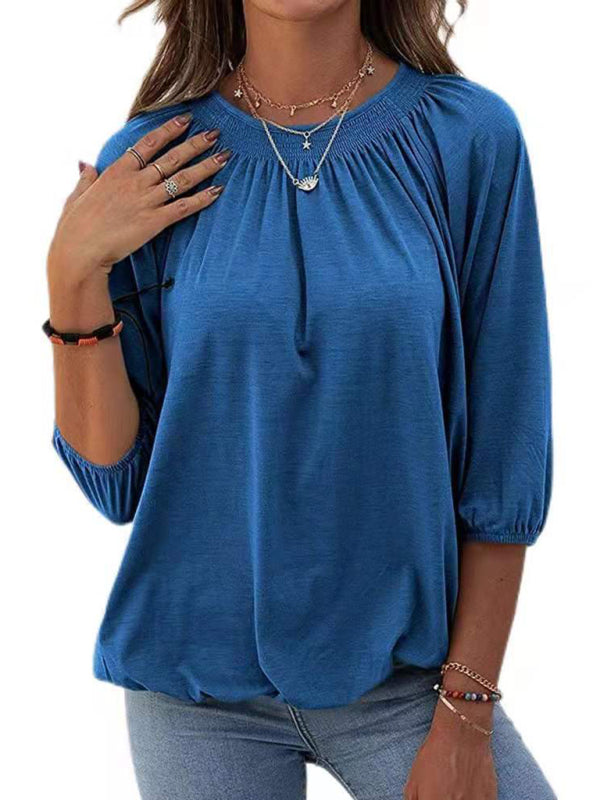 T-Shirts- Smocked Accent Top | Cotton Blend Crew Neck Tee with 3/4 Sleeves- - Pekosa Women Clothing