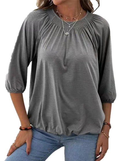 T-Shirts- Smocked Accent Top | Cotton Blend Crew Neck Tee with 3/4 Sleeves- Grey- Pekosa Women Clothing