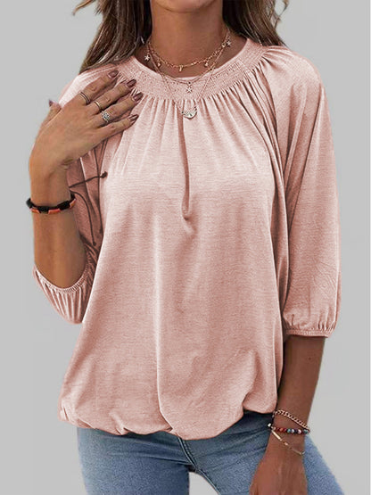 T-Shirts- Smocked Accent Top | Cotton Blend Crew Neck Tee with 3/4 Sleeves- Pink- Pekosa Women Clothing