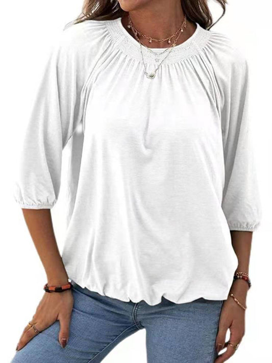 T-Shirts- Smocked Accent Top | Cotton Blend Crew Neck Tee with 3/4 Sleeves- White- Pekosa Women Clothing