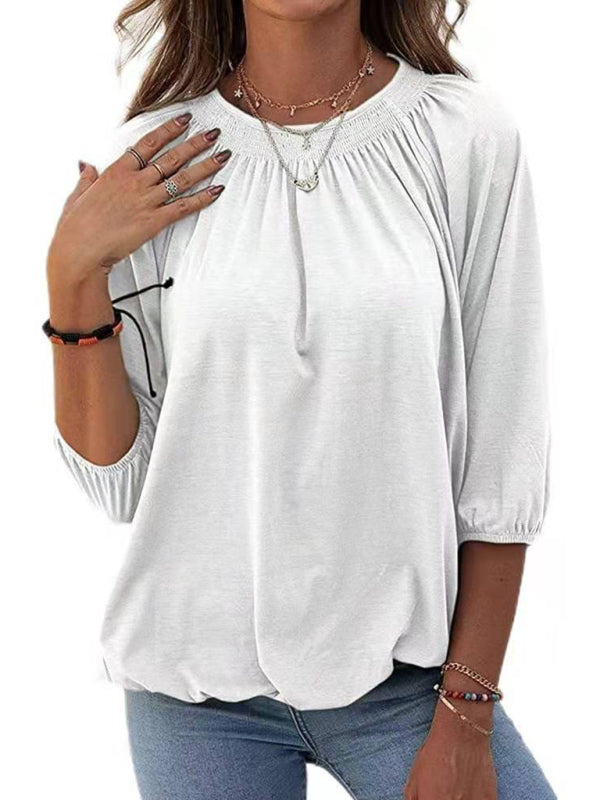 T-Shirts- Smocked Accent Top | Cotton Blend Crew Neck Tee with 3/4 Sleeves- - Pekosa Women Clothing