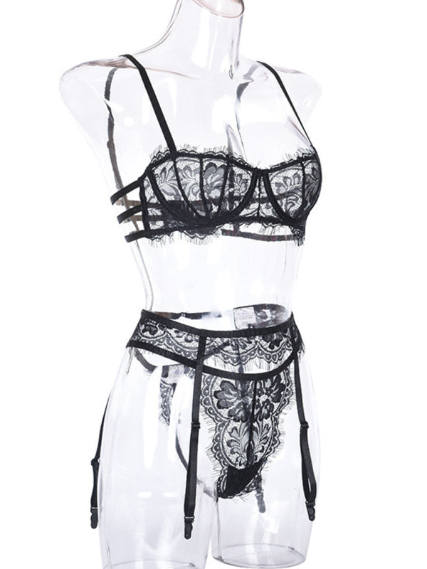 Lingerie Set- 3-Pc Sheer Lace Lingerie Bra & T-String & Garter Belt- - Pekosa Women Clothing