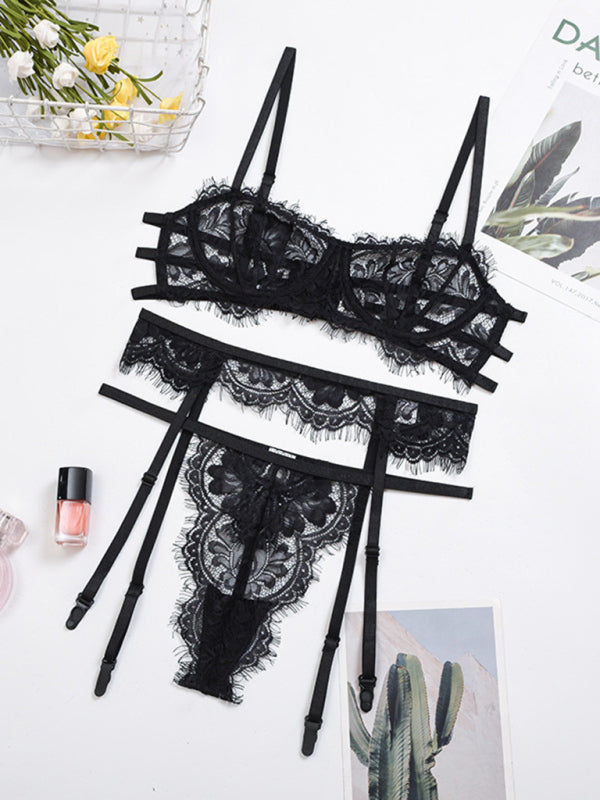 Lingerie Set- 3-Pc Sheer Lace Lingerie Bra & T-String & Garter Belt- - Pekosa Women Clothing