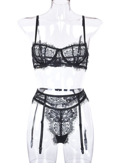 Lingerie Set- 3-Pc Sheer Lace Lingerie Bra & T-String & Garter Belt- Black- Pekosa Women Clothing