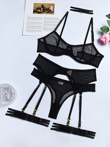 Lingerie Outfit- Honeymoon 4-Piece Lace Lingerie Set for Romantic Evenings- Black- Pekosa Women Clothing