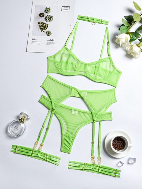 Lingerie Outfit- Honeymoon 4-Piece Lace Lingerie Set for Romantic Evenings- Fruit green- Pekosa Women Clothing