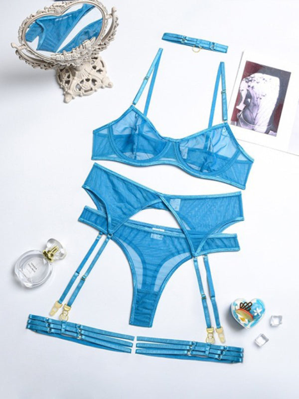 Lingerie Outfit- Honeymoon 4-Piece Lace Lingerie Set for Romantic Evenings- Acid blue- Pekosa Women Clothing