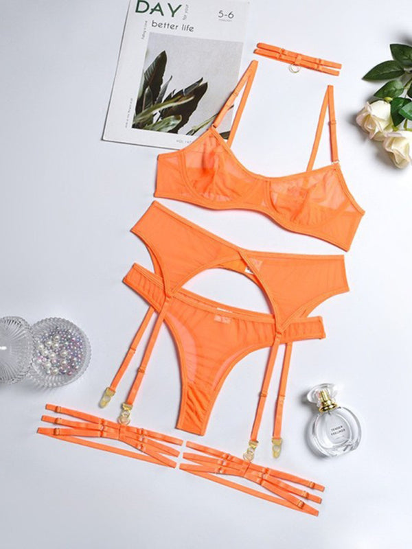 Lingerie Outfit- Honeymoon 4-Piece Lace Lingerie Set for Romantic Evenings- Orange- Pekosa Women Clothing