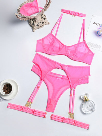 Lingerie Outfit- Honeymoon 4-Piece Lace Lingerie Set for Romantic Evenings- Pink- Pekosa Women Clothing