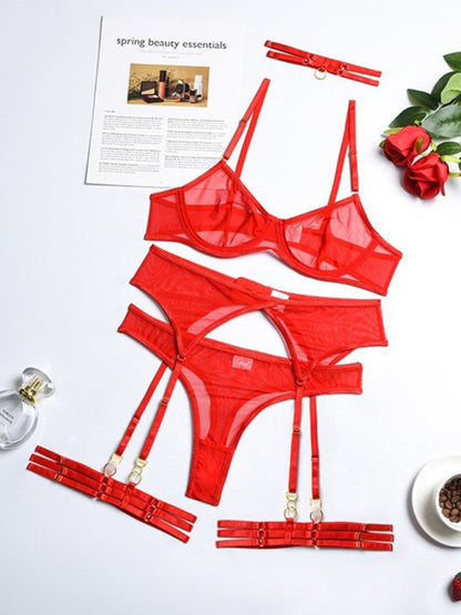 Lingerie Outfit- Honeymoon 4-Piece Lace Lingerie Set for Romantic Evenings- Red- Pekosa Women Clothing