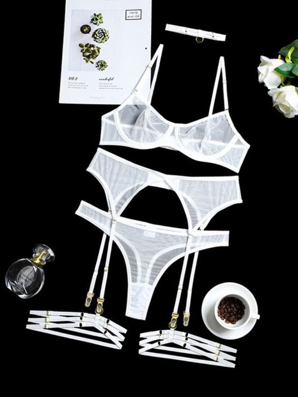 Lingerie Outfit- Honeymoon 4-Piece Lace Lingerie Set for Romantic Evenings- White- Pekosa Women Clothing