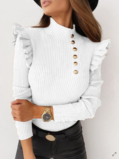 Ribbed Tops- Ribbed High Neck Blouse | Fitted Tee with Ruffle Accents & Fancy Buttons- White- Pekosa Women Clothing