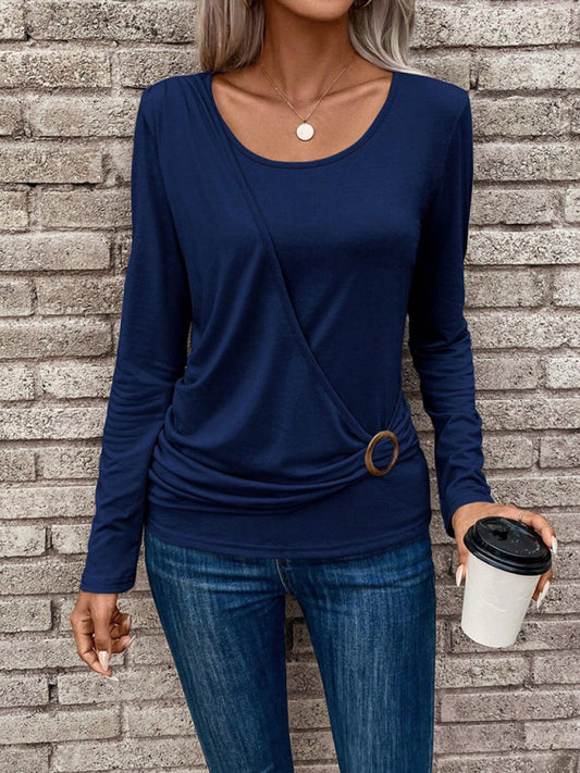 T-Shirts- Solid Surplice Scoop Neck T-shirt | Long-Sleeve Casual Top- Blue- Pekosa Women Clothing