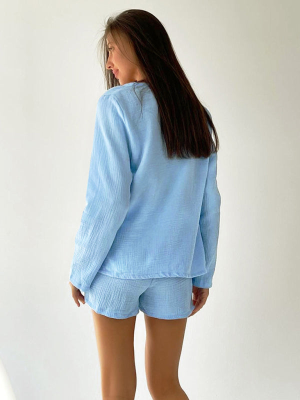 Loungewear- Relaxed Texture 2-Piece Set | Button-Up Shirt with Lounge Shorts- - Pekosa Women Clothing