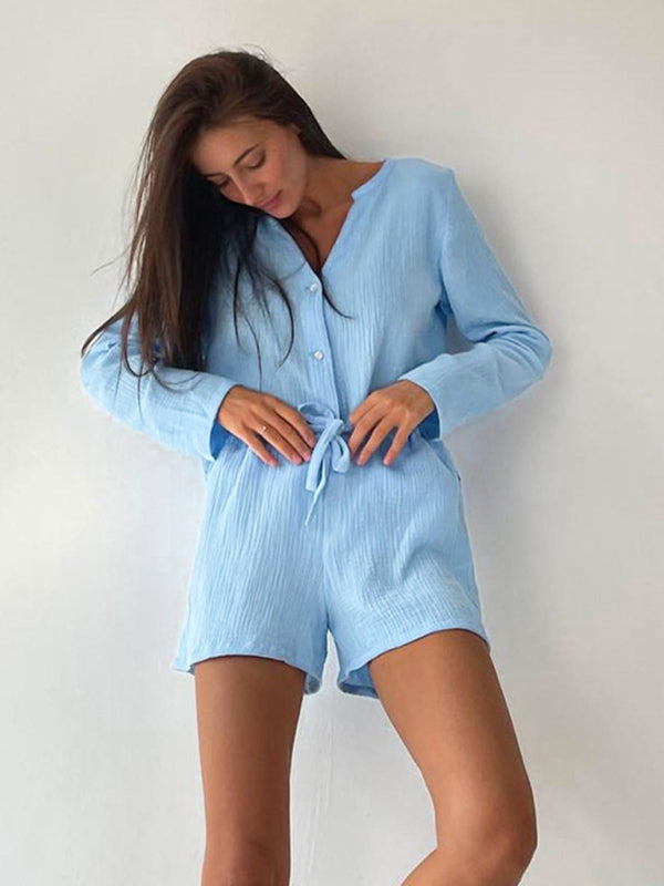 Loungewear- Relaxed Texture 2-Piece Set | Button-Up Shirt with Lounge Shorts- Blue- Pekosa Women Clothing